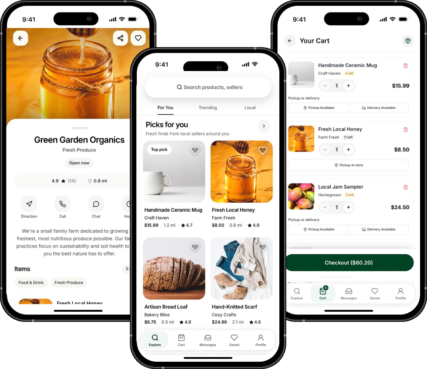 OpenNile app showing seller profile, product discovery, and shopping cart